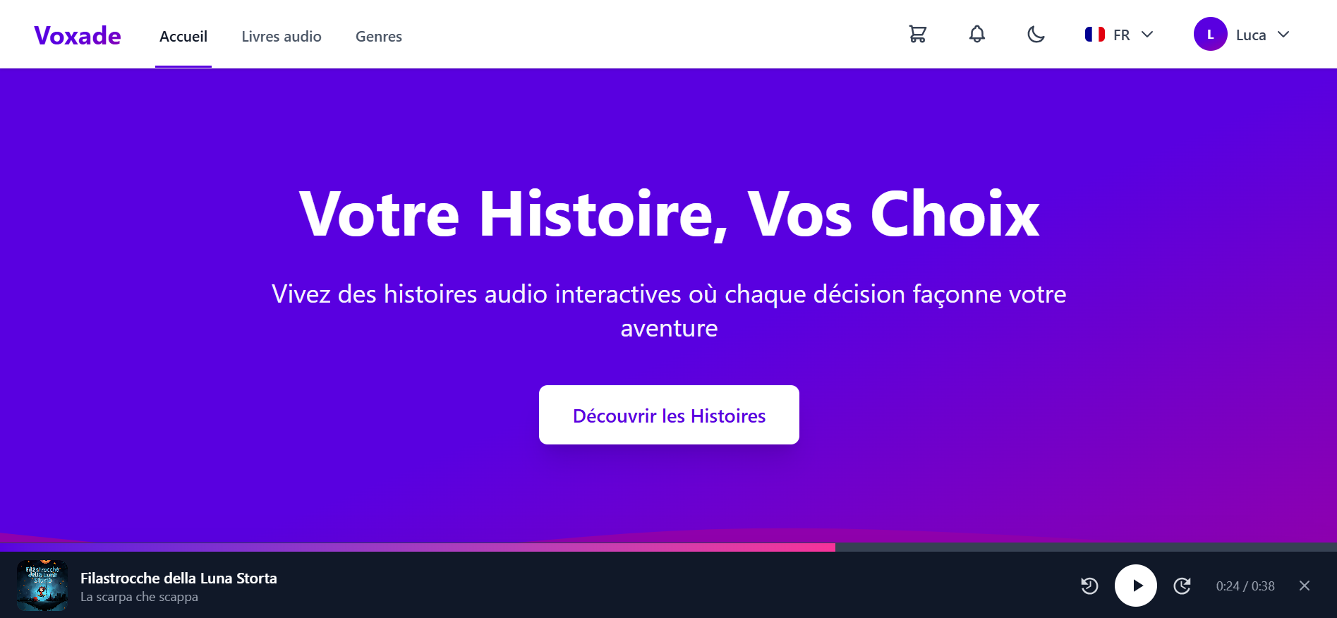 Capture d'écran du site Voxade - Site Livres Audio